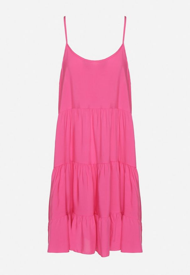 Born2be - Fuksjowa Rozkloszowana Sukienka z Bawełny na Ramiączkach z Falbanami Lilivane. Okazja: na co dzień, na spacer. Kolor: różowy. Materiał: bawełna. Długość rękawa: na ramiączkach. Sezon: wiosna, lato. Typ sukienki: proste. Styl: casual