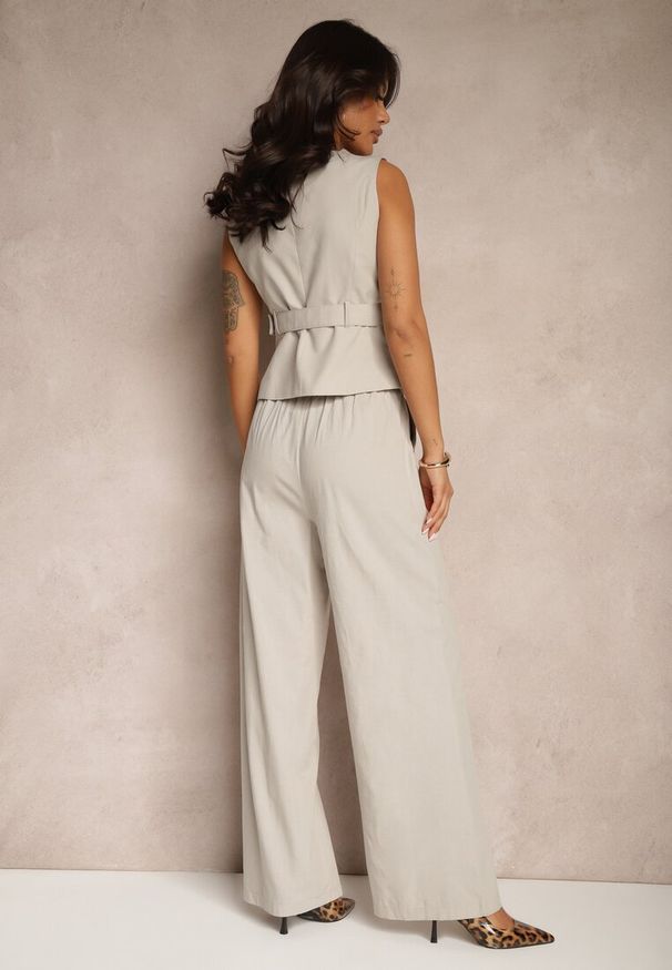 Renee - Beżowy Komplet Garniturowy z Wiskozą Szerokie Spodnie i Kamizelka Helivia. Kolor: beżowy. Materiał: wiskoza