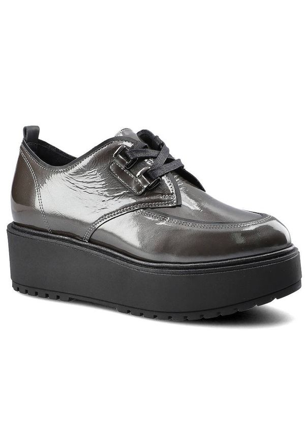 CheBello - Szare Półbuty Chebello Damskie Buty Na Platformie. Okazja: na co dzień. Zapięcie: sznurówki. Kolor: szary. Materiał: lakier, skóra. Szerokość cholewki: normalna. Obcas: na platformie. Styl: casual, klasyczny, elegancki. Wysokość obcasa: średni