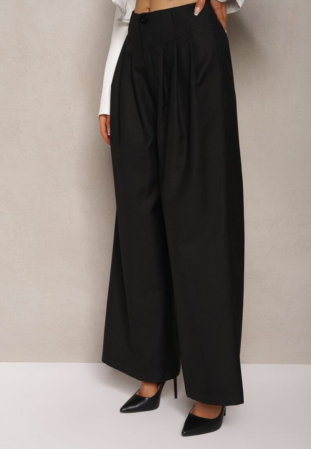 Renee - Czarne Eleganckie Spodnie High Waist o Szerokim Kroju z Dodatkiem Wiskozy Irelivia. Okazja: na spotkanie biznesowe, do pracy. Stan: podwyższony. Kolor: czarny. Materiał: wiskoza. Styl: elegancki