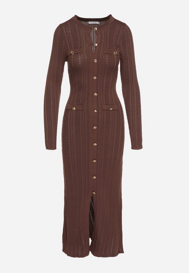 Born2be - Brązowa Sweterkowa Sukienka z Wiskozą Ozdobiona Metalicznymi Guzikami Eldatila. Okazja: na co dzień, na spacer. Kolor: brązowy. Materiał: wiskoza. Wzór: aplikacja. Typ sukienki: proste. Styl: klasyczny, casual