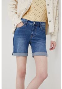 Pepe Jeans szorty jeansowe POPPY damskie kolor granatowy gładkie medium waist. Okazja: na co dzień. Kolor: niebieski. Materiał: denim. Wzór: gładki. Styl: casual #2