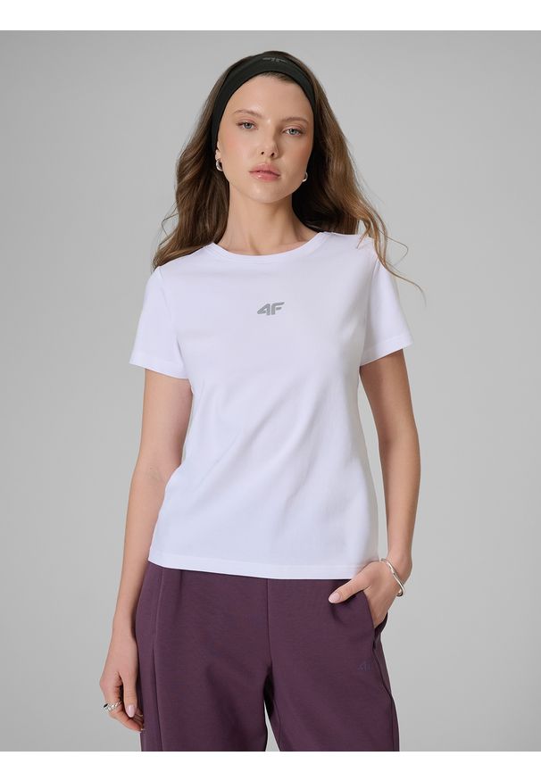4f - 4F T-shirt slim gładki damski - biały S. Okazja: na co dzień. Kolor: biały. Materiał: materiał. Wzór: gładki. Styl: casual, sportowy