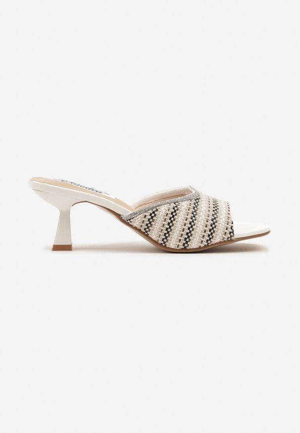 Renee - Białe Eleganckie Klapki na Obcasie Kaczuszka z Plecionym Paskiem Annalora. Okazja: na spacer, na co dzień. Kolor: biały. Sezon: lato. Obcas: na obcasie. Styl: elegancki. Wysokość obcasa: niski