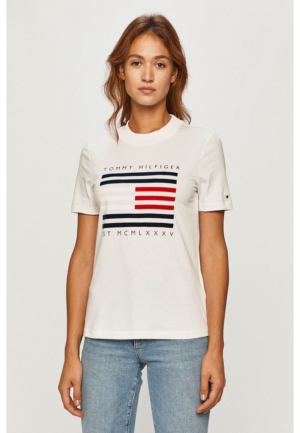 TOMMY HILFIGER - Tommy Hilfiger - T-shirt. Okazja: na co dzień. Kolor: biały. Materiał: bawełna, dzianina. Wzór: gładki. Styl: casual