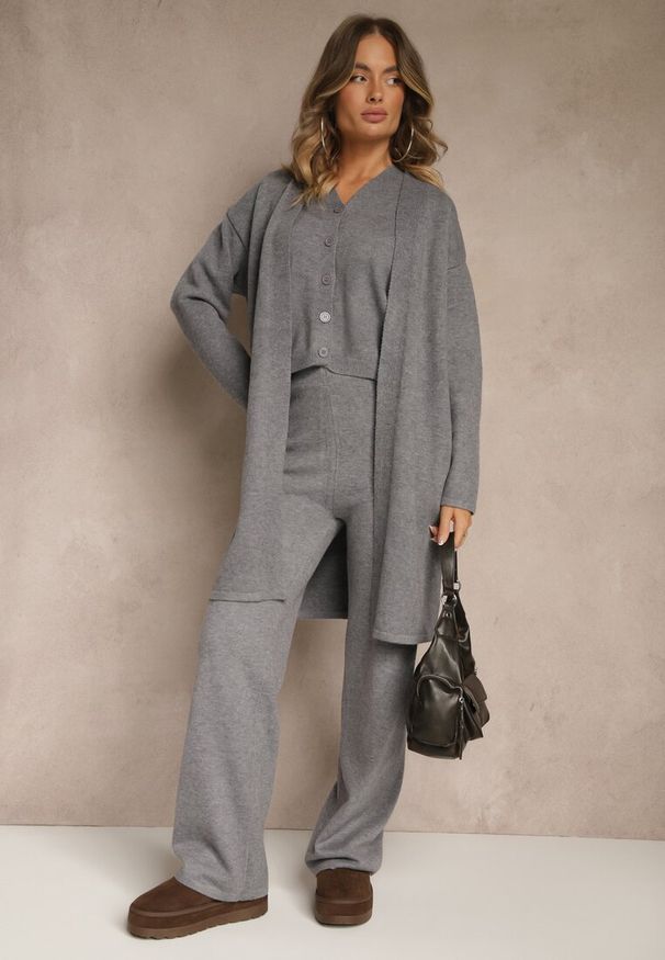 Renee - Szary Komplet z Dzianiny z Wełną Długi Kardigan Spodnie i Kamizelka Otizane. Kolekcja: plus size. Kolor: szary. Materiał: wełna, dzianina. Wzór: aplikacja