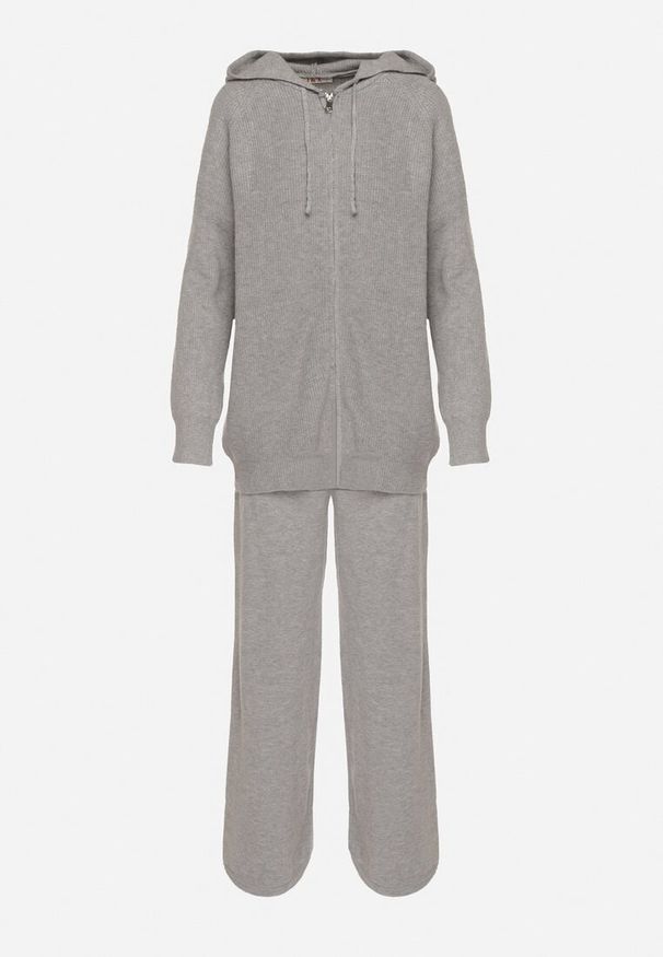 Born2be - Ciemnoszary Komplet Dzianinowy z Wełną Bluza z Kapturem i Szerokie Spodnie Otisela. Kolor: szary. Materiał: dzianina, wełna