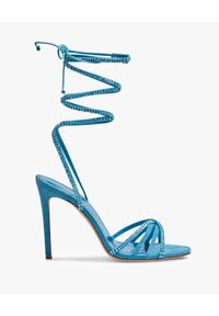 PARIS TEXAS - Niebieskie sandały na szpilce z kryształami. Zapięcie: pasek. Kolor: niebieski. Materiał: zamsz. Wzór: aplikacja, paski. Obcas: na szpilce