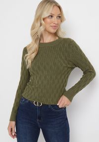Born2be - Zielony Klasyczny Sweter z Tłoczonym Zdobieniem Nainea. Okazja: na co dzień. Kolor: zielony. Wzór: aplikacja. Styl: klasyczny #5