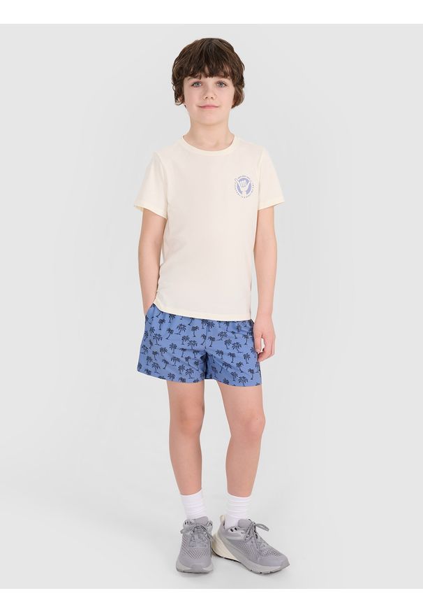 4f - 4F T-shirt regular z nadrukiem chłopięcy - biały 146 (10-11 lat). Okazja: na co dzień. Kolor: biały. Materiał: dzianina, bawełna, jersey. Długość rękawa: krótki rękaw. Długość: krótkie. Wzór: nadruk. Sezon: lato. Styl: klasyczny, sportowy, casual