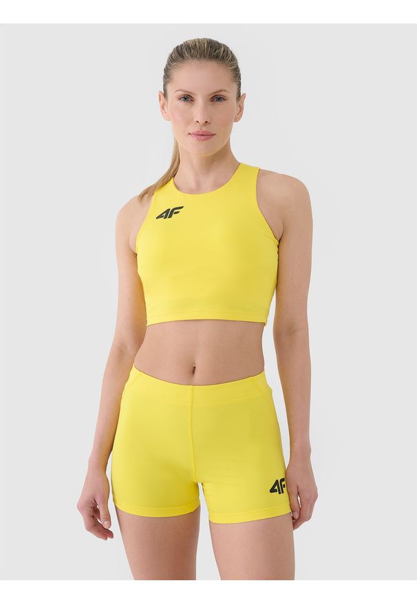 4f - 4F Biustonosz treningowy ze średnim wsparciem damski - żółty L. Kolor: żółty. Materiał: dzianina, elastan, włókno, syntetyk, materiał, guma. Rodzaj stanika: wyciągane miseczki. Wzór: gładki, jednolity, ze splotem. Sport: fitness, bieganie, kolarstwo