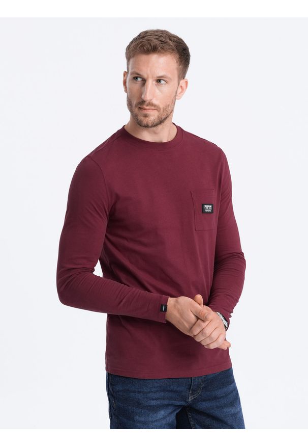 Ombre Clothing - Longsleeve męski z kieszonką - bordowy V2 L156 - XXL. Kolor: czerwony. Materiał: materiał, bawełna. Długość rękawa: długi rękaw. Wzór: aplikacja