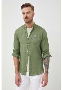 Pepe Jeans koszula lniana PATWIN męska kolor zielony regular ze stójką. Typ kołnierza: kołnierzyk stójkowy. Kolor: zielony. Materiał: len