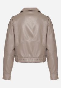 Born2be - Ciemnobeżowa Kurtka Ramoneska z Klamrami Sesariah. Okazja: na co dzień. Kolor: beżowy. Materiał: jeans. Długość rękawa: krótki rękaw. Długość: krótkie. Sezon: wiosna. Styl: casual, rockowy, elegancki #7