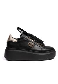 Inna - Sneakersy na platformie ze złotą cholewką skórzane czarne Sempre 23-397-37. Kolor: złoty, czarny, wielokolorowy. Materiał: skóra. Szerokość cholewki: normalna. Wzór: grochy. Obcas: na platformie