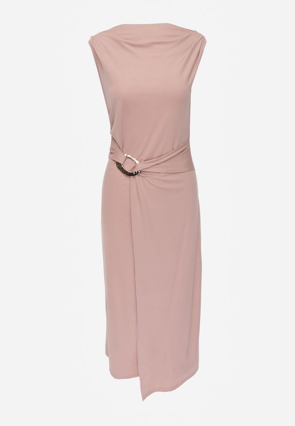 Renee - Jasnoróżowa Dopasowana Sukienka Elegancka z Aplikacją w Talii Corope. Kolor: różowy. Wzór: aplikacja. Styl: elegancki