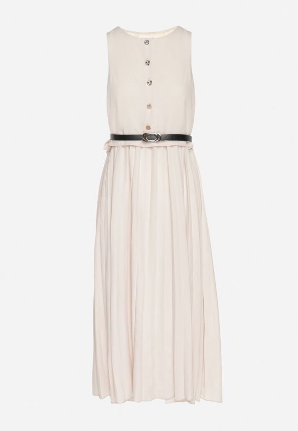 Born2be - Beżowa Sukienka Bez Rękawów z Plisami i Paskiem z Klamrą Iffale. Okazja: na co dzień, na spacer. Kolor: beżowy. Długość rękawa: bez rękawów. Styl: klasyczny, casual