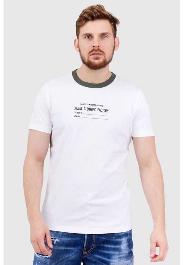 Diesel - DIESEL Biały t-shirt męski z lamówką w kolorze khaki, Rozmiar M. Kolor: biały. Materiał: prążkowany. Wzór: nadruk
