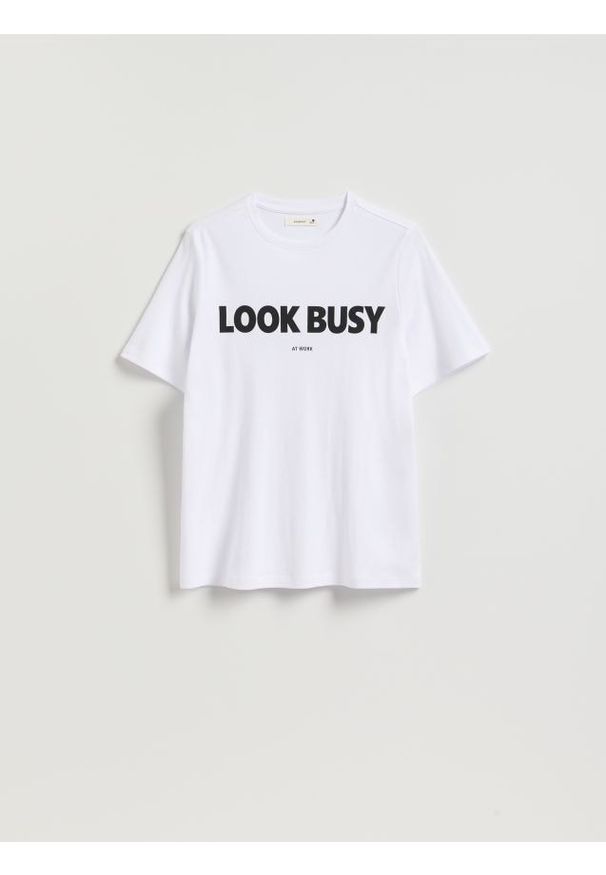 Reserved - T-shirt z nadrukiem - biały. Kolor: biały. Materiał: dzianina. Wzór: nadruk