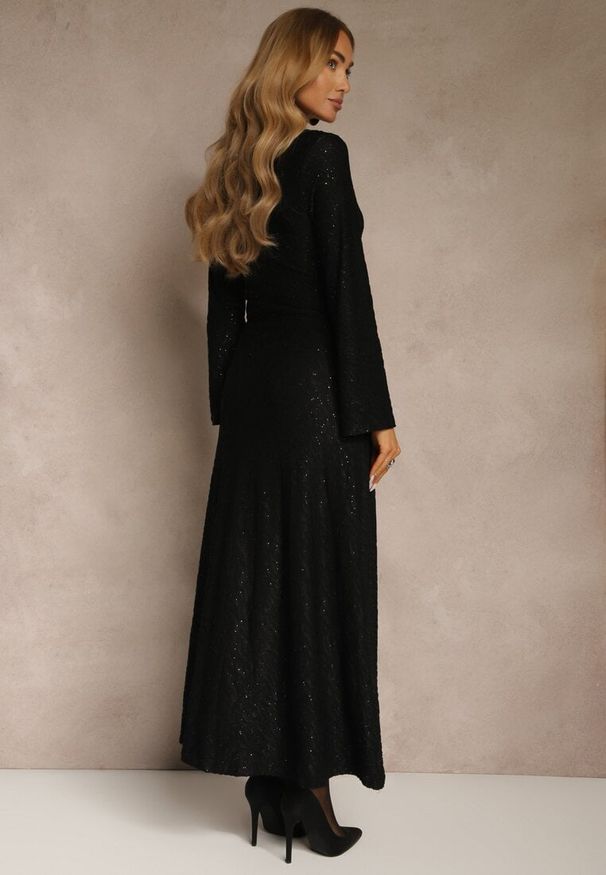 Renee - Czarna Rozkloszowana Sukienka Longsleeve w Zebrę Zdobiona Brokatem Mevilisa. Kolor: czarny. Długość rękawa: długi rękaw. Wzór: motyw zwierzęcy, aplikacja. Styl: klasyczny