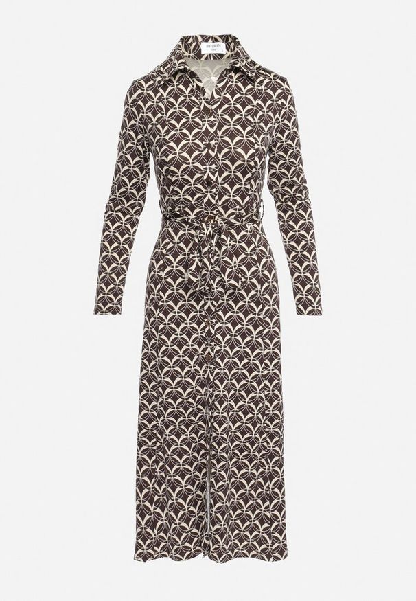 Born2be - Brązowa Sukienka Koszulowa Midi w Geometryczny Wzór z Paskiem Anelfi. Kolor: brązowy. Materiał: materiał. Wzór: geometria. Typ sukienki: koszulowe. Długość: midi