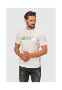 Emporio Armani - EMPORIO ARMANI Biały t-shirt męski ze srebrnym logo, Rozmiar S. Kolor: biały. Materiał: prążkowany. Wzór: aplikacja #1