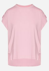 Born2be - Różowy T-shirt z Bawełny Ozdobiony Rozcięciami przy Rękawach Katirna. Okazja: na co dzień. Kolor: różowy. Materiał: bawełna. Wzór: aplikacja. Styl: klasyczny, casual #4