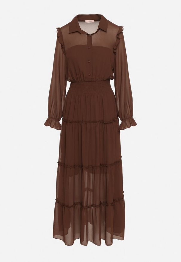 Born2be - Brązowa Rozkloszowana Sukienka VICES Koszulowa w Stylu Retro Aravite. Okazja: na co dzień. Typ kołnierza: kołnierz z falbankami, dekolt w kształcie V, kołnierzyk klasyczny. Kolor: brązowy. Długość rękawa: długi rękaw. Typ sukienki: koszulowe. Styl: retro