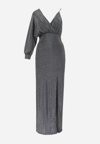 Born2be - Srebrna Błyszcząca Asymetryczna Sukienka Maxi z Rozcięciem i Kopertowym Dekoltem Aknasa. Kolor: srebrny. Materiał: materiał. Typ sukienki: asymetryczne, kopertowe. Długość: maxi #3