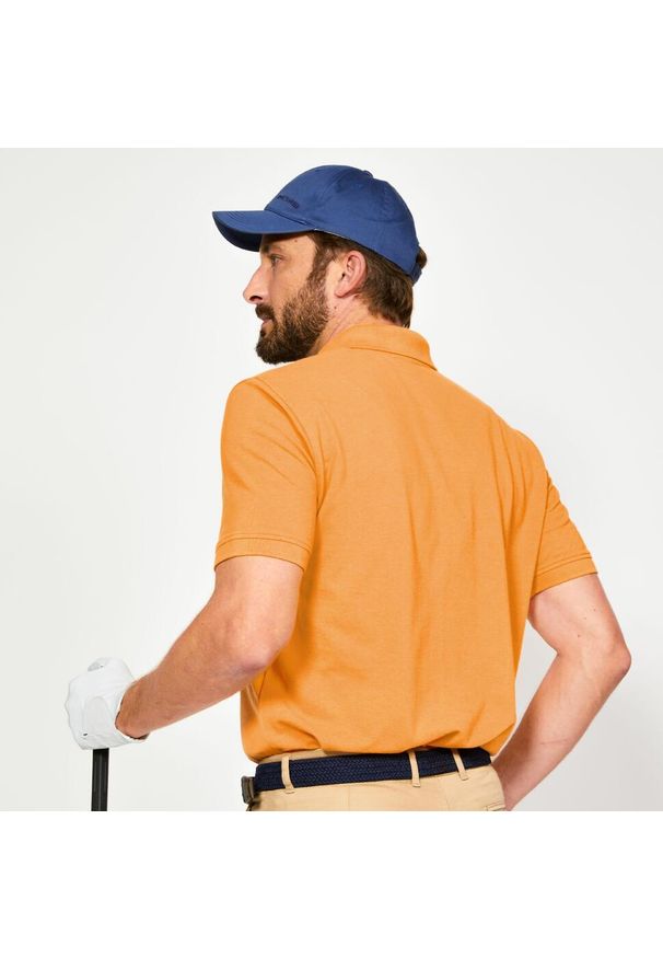INESIS - Koszulka polo do golfa z krótkim rękawem męska Inesis MW500. Typ kołnierza: golf, polo. Kolor: pomarańczowy. Materiał: bawełna, materiał, poliester. Długość rękawa: krótki rękaw. Długość: krótkie. Wzór: ze splotem. Styl: klasyczny