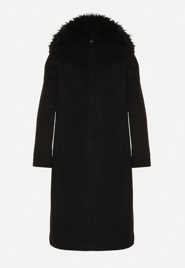 Born2be - Czarny Płaszcz Ozdobiony Odpinanym Futerkiem Lianossa. Okazja: na co dzień. Kolor: czarny. Materiał: futro. Wzór: aplikacja. Styl: casual, klasyczny