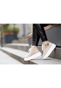 DAMISS - Beżowe Sneakersy Damiss Modne Obuwie Damskie. Okazja: na spacer, na co dzień. Kolor: beżowy. Materiał: materiał. Sport: turystyka piesza #4