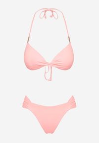 Renee - Różowe Bikini Wiązany Biustonosz Push Up i Majtki Typu Figi Mirisenia. Kolor: różowy. Wzór: aplikacja