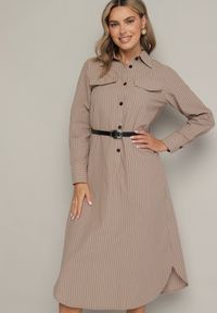 Born2be - Ciemnobeżowa Koszulowa Sukienka na Guziki z Paskiem i Imitacją Kieszeni Tintarra. Kolor: beżowy. Typ sukienki: koszulowe. Styl: elegancki, sportowy, klasyczny #6