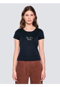 Big-Star - Koszulka damska z napisem z cyrkonii granatowa Malvina 403. Okazja: na co dzień. Kolor: niebieski. Materiał: jeans, dzianina, bawełna. Wzór: napisy. Styl: casual, klasyczny, elegancki