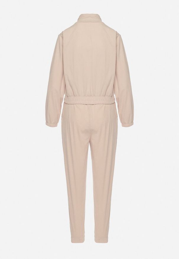 Born2be - Jasnobeżowy Komplet Dresowy z Prążkowanego Materiału Bluza z Kołnierzykiem i Spodnie z Gumką w Pasie Kerulla. Kolor: beżowy. Materiał: dresówka, prążkowany, materiał