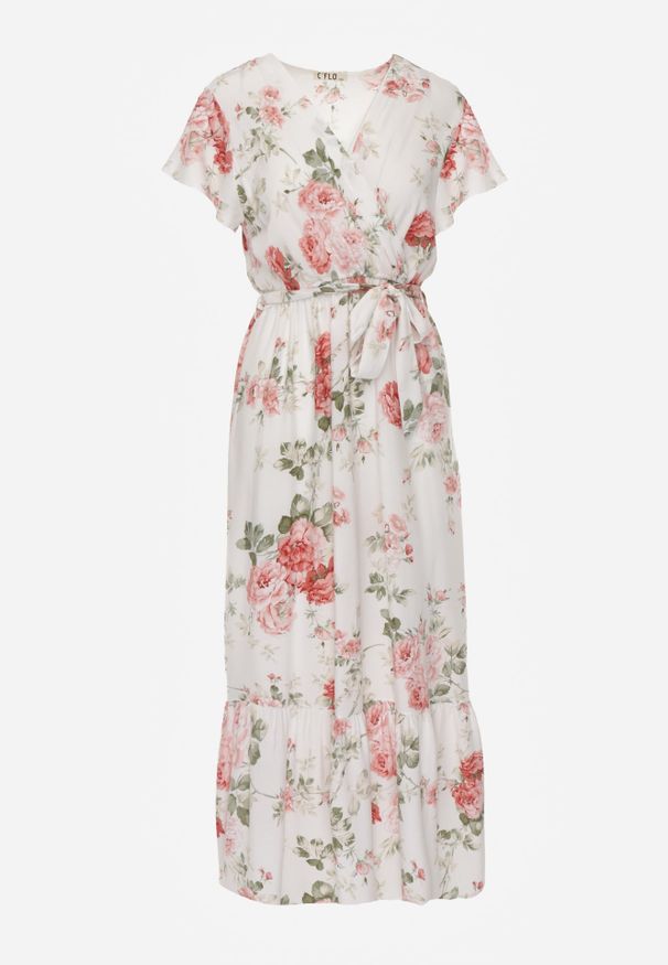 Renee - Biała Sukienka w Kwiaty o Kopertowym Kroju z Wiązanym Paskiem Iphene. Okazja: na imprezę, na co dzień. Typ kołnierza: dekolt w kształcie V. Kolor: biały. Długość rękawa: krótki rękaw. Wzór: kwiaty. Sezon: lato. Typ sukienki: kopertowe. Styl: casual, elegancki