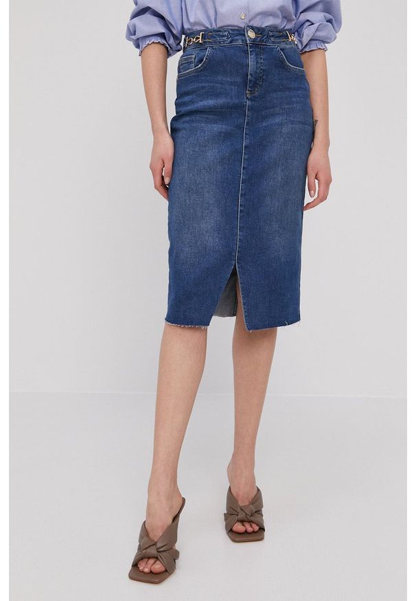 Mos Mosh Spódnica jeansowa midi prosta. Okazja: na co dzień. Stan: podwyższony. Kolor: niebieski. Materiał: jeans. Styl: casual