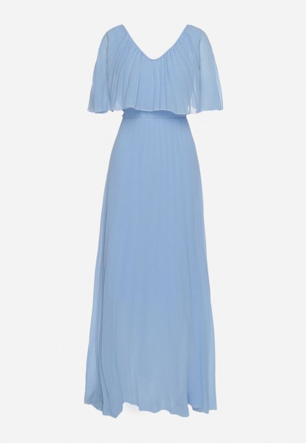 Born2be - Niebieska Sukienka Plisowana z Szeroką Falbaną Przy Dekolcie Dinara. Kolor: niebieski. Styl: wizytowy. Długość: maxi