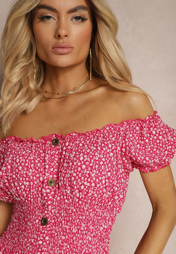 Renee - Fuksjowa Kwiecista Sukienka z Bawełny z Gumkami w Pasie Herata. Kolor: różowy. Materiał: bawełna. Sezon: wiosna