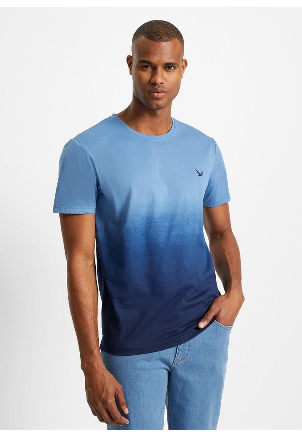 bonprix - T-shirt z czystej bawełny. Kolor: niebieski. Materiał: bawełna. Wzór: haft