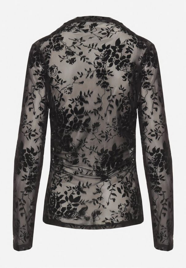 Born2be - Czarna Bluzka Siateczkowa z Welurowym Wzorem i Marszczeniem w Talii Seligala. Okazja: na spotkanie biznesowe. Kolor: czarny. Materiał: welur. Długość rękawa: długi rękaw. Długość: długie. Styl: biznesowy, klasyczny, elegancki