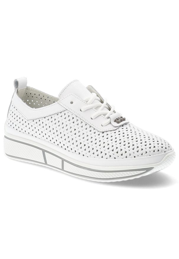 Sneakersy damskie Vinceza, e skóry naturalnej licowej ażurowa cholewka sznurowanie lekka platforma casual, białe, 95387. Okazja: na co dzień. Zapięcie: sznurówki. Kolor: biały. Materiał: skóra. Szerokość cholewki: normalna. Wzór: ażurowy. Obcas: na platformie. Styl: casual