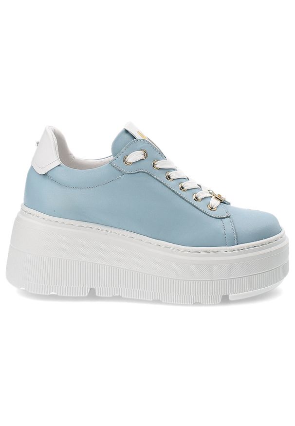 Niebieskie Sneakersy Karino Modne Obuwie Damskie Na Platformie. Okazja: na co dzień. Kolor: niebieski. Materiał: skóra, guma. Szerokość cholewki: normalna. Obcas: na platformie. Styl: casual