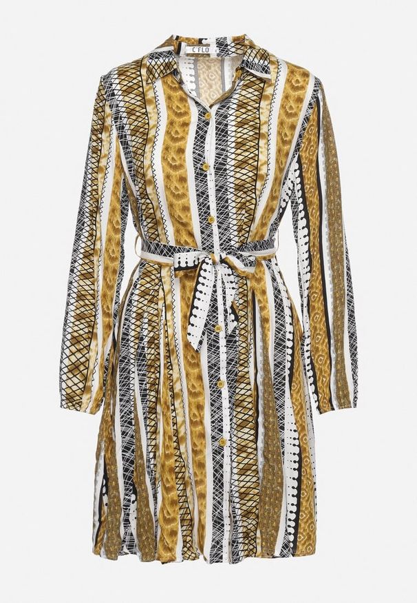 Born2be - Żółta Sukienka Koszulowa z Wiskozy Rozkloszowana z Materiałowym Paskiem Sigina. Okazja: do pracy. Kolor: żółty. Materiał: wiskoza, materiał. Długość rękawa: długi rękaw. Typ sukienki: koszulowe