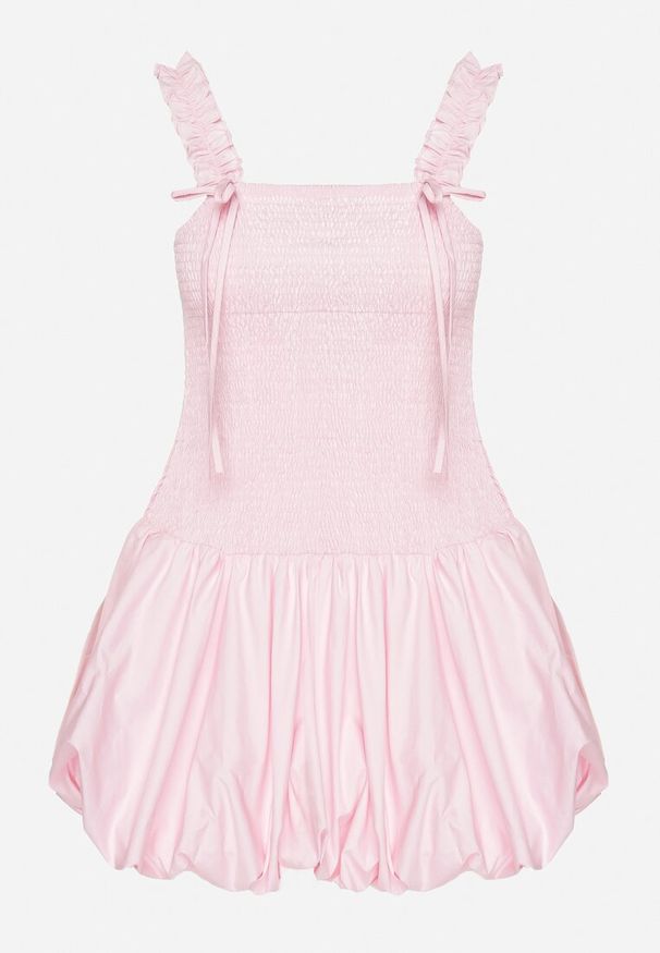 Born2be - Różowa Bawełniana Sukienka Bombka na Ramiączkach z Elastyczną Górą Linarisena. Okazja: na imprezę, na co dzień. Typ kołnierza: kokarda. Kolor: różowy. Materiał: bawełna. Długość rękawa: na ramiączkach. Typ sukienki: bombki. Styl: elegancki, casual