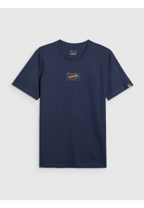 4f - 4F T-shirt regular z nadrukiem męski - granatowy XL. Okazja: na co dzień. Kolor: niebieski. Materiał: dzianina, bawełna. Długość rękawa: krótki rękaw. Długość: krótkie. Wzór: nadruk. Styl: casual