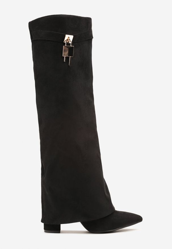 Born2be - Czarne Kozaki na Obcasie z Wywiniętą Cholewką i Kłódką Latilira. Okazja: na co dzień. Kolor: czarny. Szerokość cholewki: normalna. Sezon: jesień, zima. Obcas: na obcasie. Styl: casual, klasyczny, elegancki. Wysokość obcasa: średni