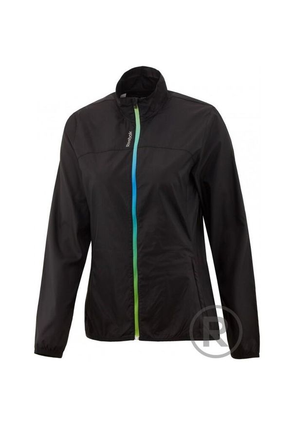 Reebok damska kurtka wiatrówka – lekka, oddychająca. Kolor: czarny, wielokolorowy, zielony. Sezon: jesień. Sport: bieganie