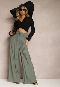 Renee - Ciemnozielone Wiskozowe Spodnie Szerokie z Gumką i Sznurkiem w Pasie Tarallia. Okazja: na co dzień. Kolor: zielony. Materiał: wiskoza. Styl: elegancki, casual #5